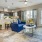 a living room with a blue couch
