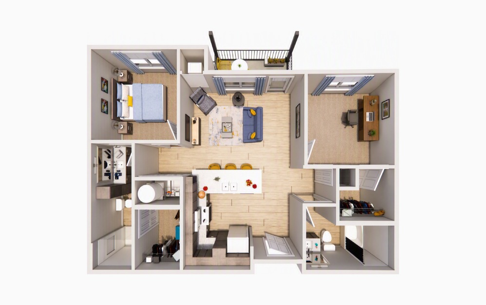 Magnolia Den - 1 bedroom floorplan layout with 2 bathrooms and 951 square feet